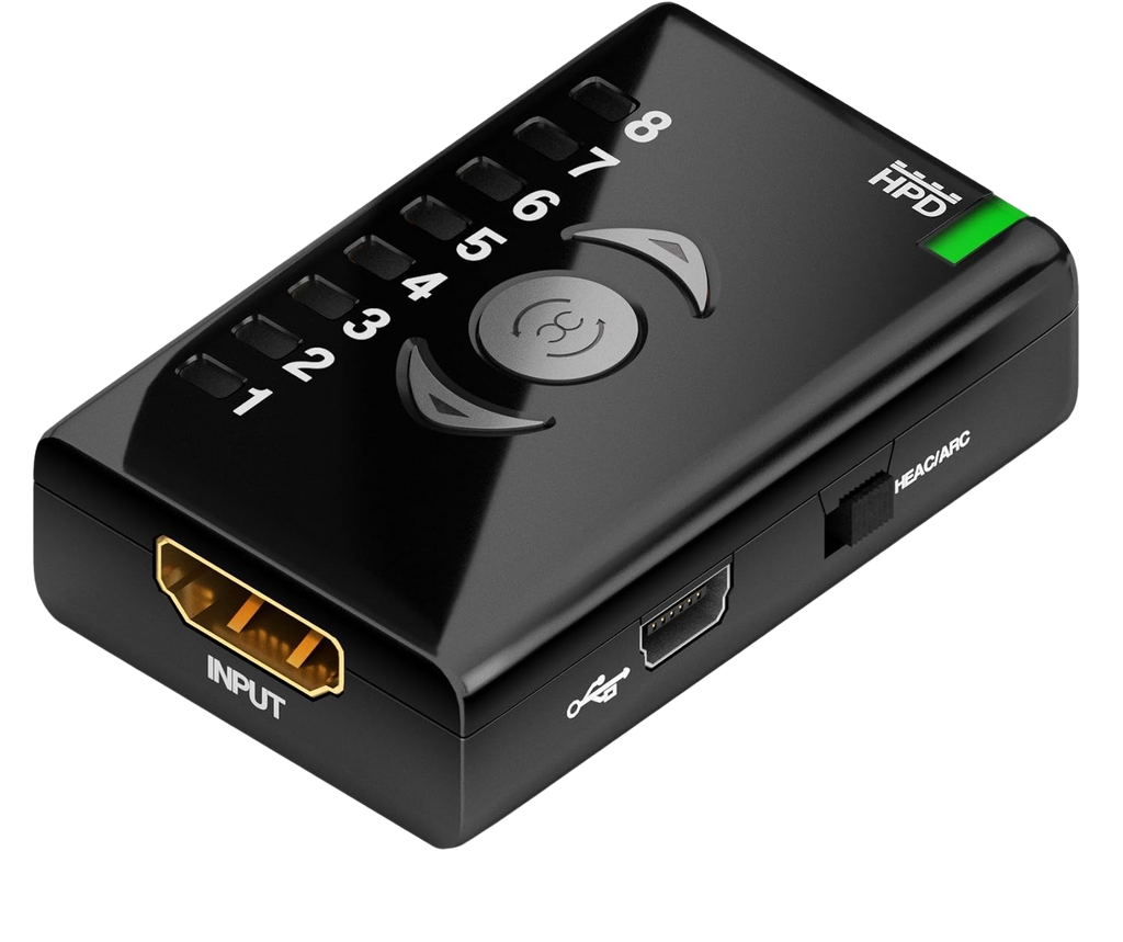 Eingangsseite des Dr HDMI mit HDMI-Eingang, Mini-USB-Anschluss und HEAC/ARC-Schalter