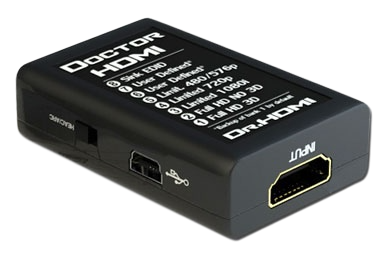 Unterseite des Dr HDMI mit Bankübersicht, Mini-USB-Anschluss und HDMI-Eingang