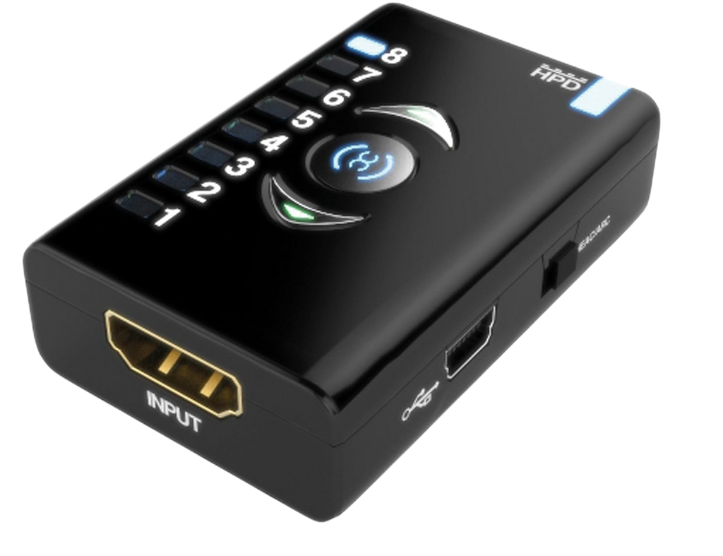 Dr HDMI mit HDMI-Eingang, Mini-USB-Anschluss und beleuchteten EDID-Bank-LEDs