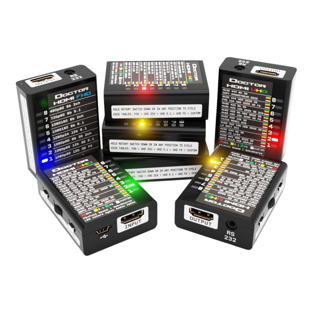 Five Dr HDMI 4K units side by side, each lit in a different EDID table LED colour