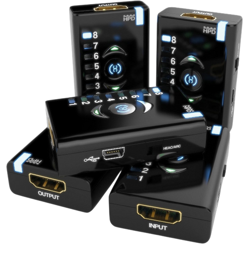 Five Dr HDMI units from different angles with HDMI input, output, Mini-USB port and HEAC/ARC switch