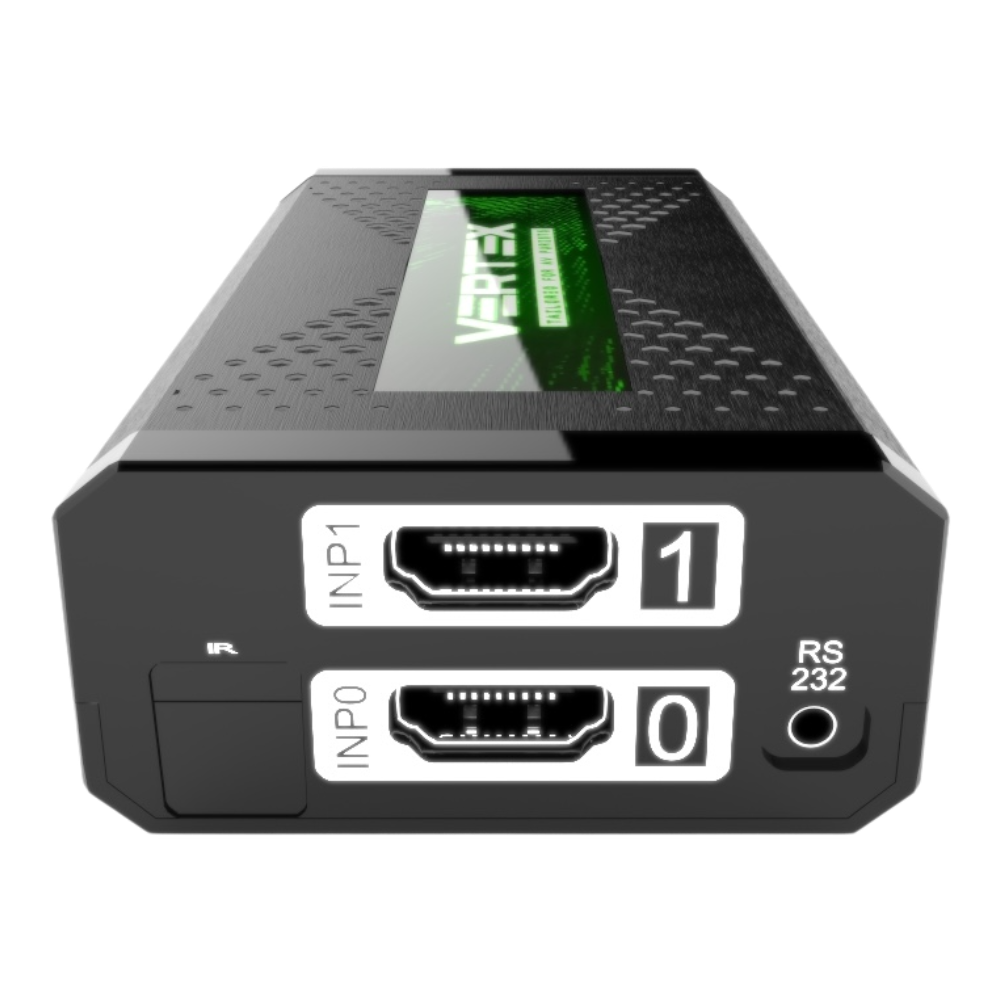 Eingangsseite des HDfury Vertex: HDMI-Eingänge INP0 und INP1, IR-Empfänger und RS232-Anschluss