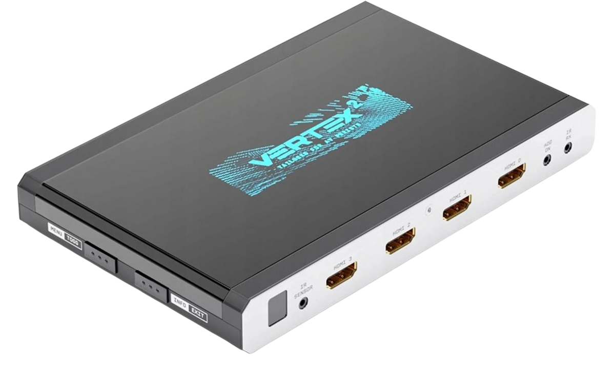 HDfury Vertex 2 HDMI matrix and switcher seen from above at an angle, input side: IR sensor, four HDMI inputs numbered 0 to 3, add-on and IR RX jacks