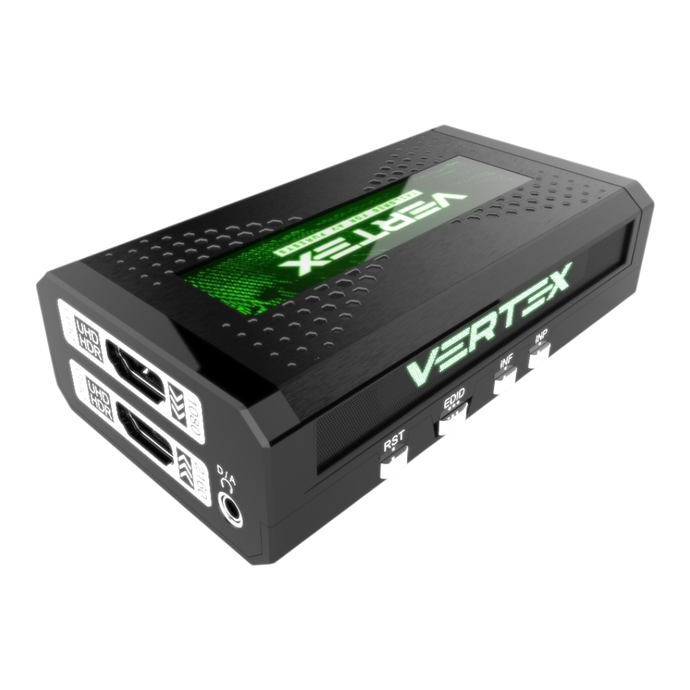 HDfury Vertex HDMI 2.0b-Splitter und Scaler: HDMI-Ausgänge, D/A-Audiobuchse und die Tasten RST, EDID, INF und INP