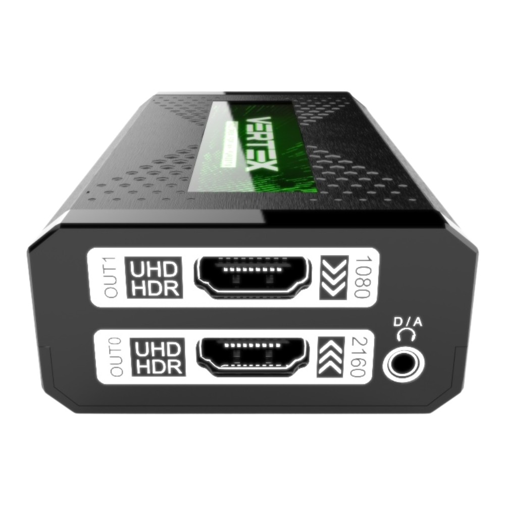 Ausgangsseite HDfury Vertex: OUT1 UHD HDR mit Downscaling auf 1080p, OUT0 UHD HDR mit Upscaling auf 2160p, D/A-Audio